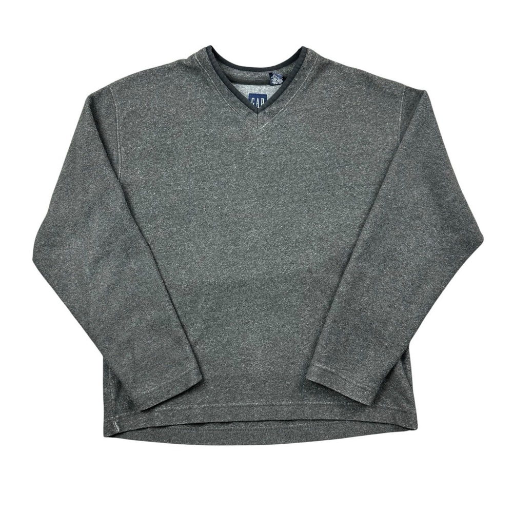 Vintage‎ Y2K Gap Sweater Men Medium Gray Fleece V Neck Casual Preppy Pullover